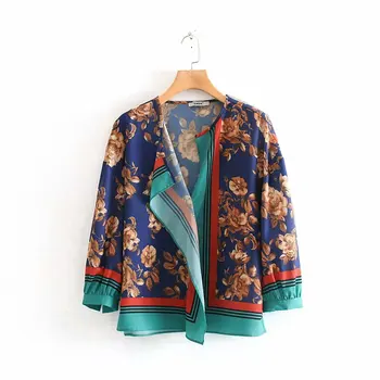 2019 Ženy vintage kvetinový tlač patchwork bežné kimono blusas bežné T-shirt Voľný čas jeseň v krku chic značky T košele, topy T500