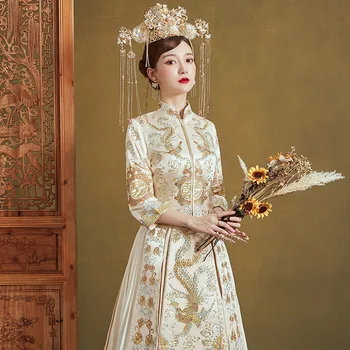 Tradičné Šampanské Výšivky Formálne Spoločenské Kostýmy, Svadobné Šaty, Saténové Vintage Cheongsam Klasický Štýl китайское платье