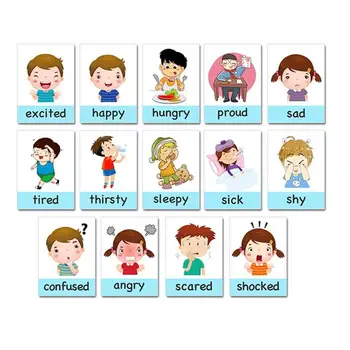 14pcs Deti Poznanie Karty Deti English Learning Karty Cartoon Emócie Karta pre Deti Baby Skoro Montessori Vzdelávacích Hračiek