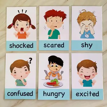 14pcs Deti Poznanie Karty Deti English Learning Karty Cartoon Emócie Karta pre Deti Baby Skoro Montessori Vzdelávacích Hračiek