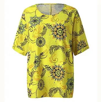V lete a na jeseň kvetinový polovičný rukáv voľné bežné veľké kolo krku T-Shirt Top dámske tričko