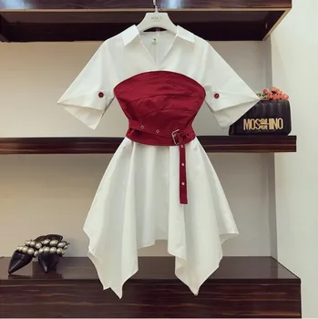 2019 Nové Módne Letné dámske Krátky Rukáv Nepravidelný Shirt Dress + Malé Vesta Pás Dva Kusy.ženské Dievčatá Šaty Sada