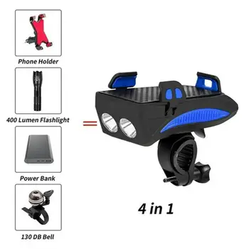 Multifunkčné 4 V 1 Bicyklov Svetla Nabíjateľná Vodotesný LED Bike Horn Predné Lampy Držiaka Telefónu Powerbank Cyklistické Svetlometov
