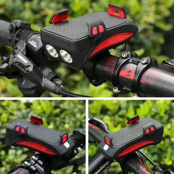 Multifunkčné 4 V 1 Bicyklov Svetla Nabíjateľná Vodotesný LED Bike Horn Predné Lampy Držiaka Telefónu Powerbank Cyklistické Svetlometov