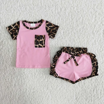 Vysoká kvalita dievča, ružová farba t-shirt nastaviť dievča prehrabať dizajn leopardí vzor letné oblečenie deti raglánové tričko a šortky oblečenie