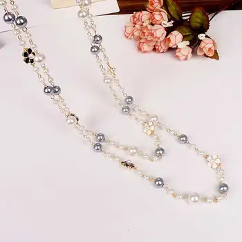 Kórejský dvojité layerd sveter s dlhým reťazcom pearl Camellia náhrdelník Ruže Kvet prívesok šperky pre ženy strany