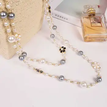 Kórejský dvojité layerd sveter s dlhým reťazcom pearl Camellia náhrdelník Ruže Kvet prívesok šperky pre ženy strany