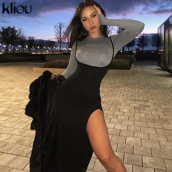 Kliou žena black Vysoko elastická bez rukávov šatka slim fit backless šaty 2020 nové príležitostné sexy Vysoká rozdeliť streetwear bodycon šaty