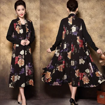 Čínsky štýl, Elegantné Matka občas dlhé šaty retro Kvetinová čipka Dve kus oblečenia stredného veku dámy party šaty Plus size4XL
