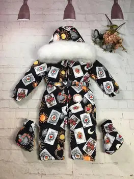 Skutočné kožušinovou kapucňou 2019 Zimná Bunda dieťa bundy deti jumpsuit snehu vyhovovali dievča kvetinový celkovo dole romper lyžiarske odevy vrchné oblečenie