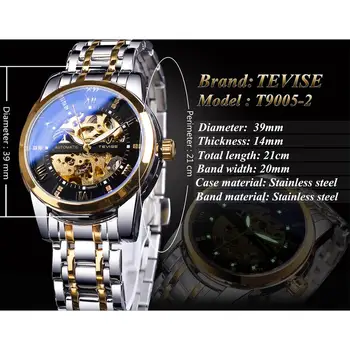 TEVISE Retro Diamond Dizajn Čierne Zlato Mechanické Hodinky Top Značky Automatické Hodiny Módne Luxusné Kostra Nepremokavé Náramkové Hodinky