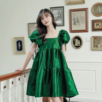 Vintage Zelená Satin Mini Šaty Ženy Krátke Lístkového Rukáv Dámske Princezná Strany Načechraný Námestie Golier Elegantný Francúzsky Šaty Žena