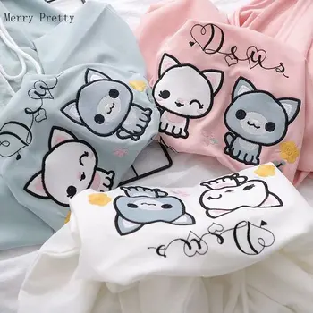 Ženy Kreslených Mačka Výšivky S Kapucňou T Košele 2020 Lete Krátky Rukáv Bavlna Príležitostné Voľné Tričko Kórejský Štýl Sladké Topy Tees