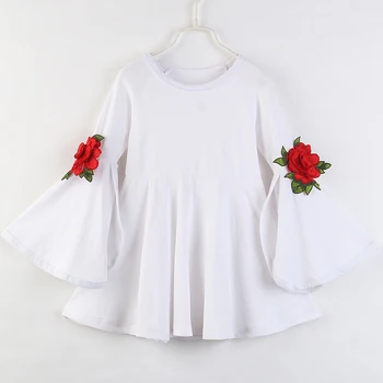 Dievčatko Oblečenie jednofarebné Šaty Vyšívané Kvety Svetlice Rukáv Deti Šaty pre Dievčatá Jeseň Boutique Deti Oblečenie 2-6Y