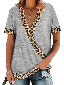2021 Letné Módy Leopard Tlač Krátke Rukávy Top Príležitostné Voľné V-Neck T-Shirt Dámy Bežné Plus Veľkosť T-Shirt Streetwear Topy
