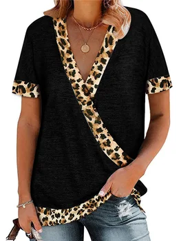2021 Letné Módy Leopard Tlač Krátke Rukávy Top Príležitostné Voľné V-Neck T-Shirt Dámy Bežné Plus Veľkosť T-Shirt Streetwear Topy