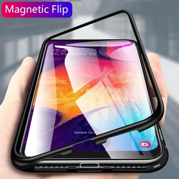 Magnetické Flip puzdro Pre Samsung Galaxy A50 A30 Zadný Kryt Kalené Sklo Xcover 50 Poznámka 10 Pro S10E s rezacím zariadením S10 5G Plus Kovový Rám
