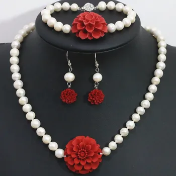 Špeciálne náhrdelník sladkovodné prírodná biela perla korálky náramok náušnice nastaviť rumelková kvet prívesok šperky B1421