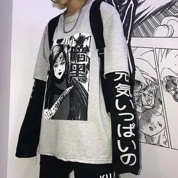 Japonsko Harajuku Čierna Sivá Hip Hop tričká Muži Ženy 2020Spring Falošné Dve Piec Dlhý Rukáv Voľné Tričko Pohode Karikatúra tričká