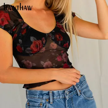 Hawthaw Ženy Módne Letné Krátky Rukáv Oka Ruže Kvetinový Vytlačené Vidieť Cez Vrcholy T Shirt 2021 Ženské Oblečenie, Streetwear