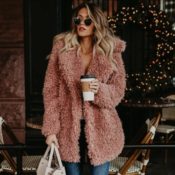 Ženy Zimné Plus Veľkosť Umelú Kožušinu Kabát, Bundu, Priekopa Vlna Teddy Kabát Ružový Kabát Dlhý Rukáv Vintage Outwear Mujer