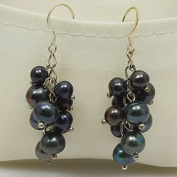 Sladkovodné perly náušnice,klaster hrozna pearl náušnice,925 sterling silver háčik,4-9 mm Natural farba čierna skutočnou perlou šperky