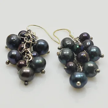 Sladkovodné perly náušnice,klaster hrozna pearl náušnice,925 sterling silver háčik,4-9 mm Natural farba čierna skutočnou perlou šperky