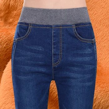 Vysoký pás džínsy ženy plus cashmere teplé zahusťovanie elastický pás úsek Slim veľké veľkosti ceruzky nohavice