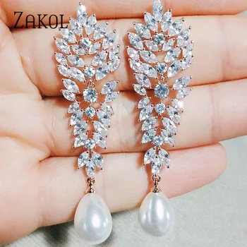 ZAKOL Luxusné Marquise Rez Zirconia Crystal Veľké Dlho Visieť Náušnice Pre Ženy, Svadobné Móda Imitácia Perly Šperky FSEP2211