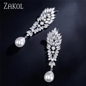 ZAKOL Luxusné Marquise Rez Zirconia Crystal Veľké Dlho Visieť Náušnice Pre Ženy, Svadobné Móda Imitácia Perly Šperky FSEP2211