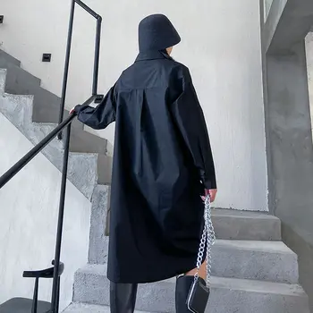 XITAO Streetwear Nepravidelný Tlačidlá Záhyby Ženy Šaty Plus Veľkosť Dlhý Rukáv, Čierna Ženy Oblečenie, Módne Trendové Šaty DMY2590