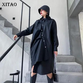 XITAO Streetwear Nepravidelný Tlačidlá Záhyby Ženy Šaty Plus Veľkosť Dlhý Rukáv, Čierna Ženy Oblečenie, Módne Trendové Šaty DMY2590