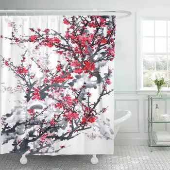 Textílie Sprchový Záves Háčiky Ružová Japonskej Slivky Kvety na Bielom Tradičnej Čínskej Maľby Červený Kvet Krajiny