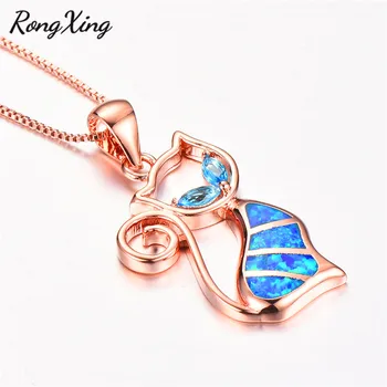 RongXing Rose Gold Vyplnené Roztomilé Mačky, Prívesky, Blue Fire Opal Kitty Cat Náhrdelníky Pre Ženy Zirkón Rainbow Birthstone JewelryNL0077