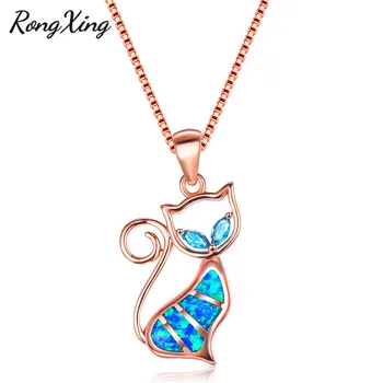 RongXing Rose Gold Vyplnené Roztomilé Mačky, Prívesky, Blue Fire Opal Kitty Cat Náhrdelníky Pre Ženy Zirkón Rainbow Birthstone JewelryNL0077