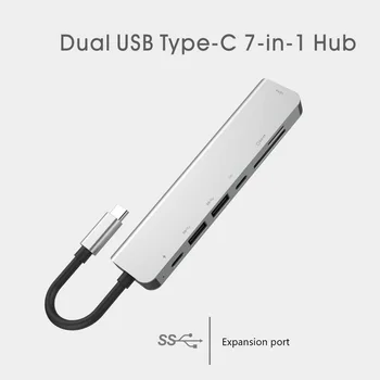 Typ C Hub 7 v 1 Viacportová 4K HD Veľký Displej Adaptér, 2 USB 3.0, Odvod Tepla, Hliníkový Prenosný počítač PD USB C Rozbočovač pre MacBook Pro