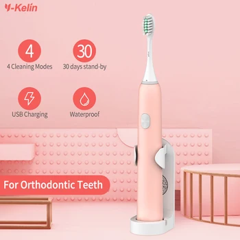 Y-Kelin Elektrická zubná Kefka s 2 sensiflex Sonic Nabíjateľná pre dospelých traky elektrické ortodontická kefka