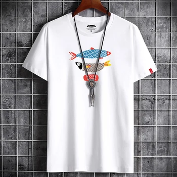 RUELK 2020 Lete Nové T-shirt pánske Ulice, Hip-Hop Módy-Krátke Rukávy Cartoon Ryby Tlač Ulici Trend Bežné T-shirt 6XL