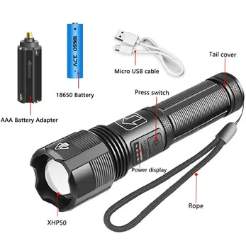 LED Baterka XHP50 Ultra Svetlé Pochodeň Vonkajšie Nepremokavé Zoomovateľnom USB Nabíjateľné 18650 Batérie, Turistiku, Camping Baterky