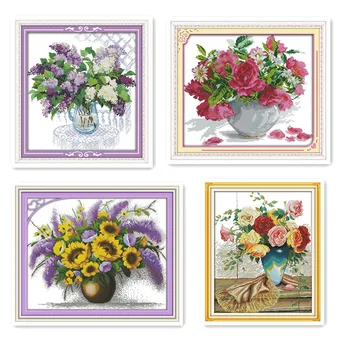 Lila Viacfarebná Ruže a Sedmokrásky Kvitnúce Kvety, Sklenené Fľaše Ilustrácia Ručné Cross Stitch Auta DIY Krásne Vázy