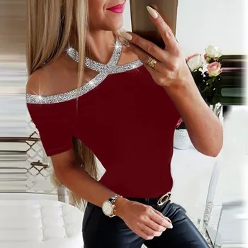 Feitong Tričko Ženy tvaru Sequin s uväzovaním za jednofarebné Studenej Rameno Krátke Rukáv Bežné T-shirt Topy Jar рубашка женская 2020