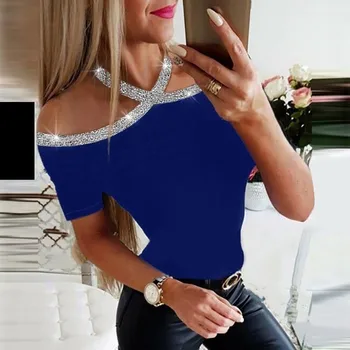 Feitong Tričko Ženy tvaru Sequin s uväzovaním za jednofarebné Studenej Rameno Krátke Rukáv Bežné T-shirt Topy Jar рубашка женская 2020