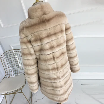 2019 nové dlho reálne rex králik kožušinový kabát, bundu prúžok Zimná srsť srsť Módy s stojaci golier ženy prírodné kožušiny kabát