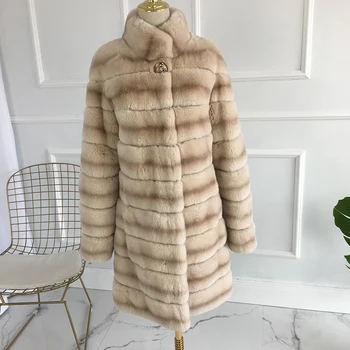 2019 nové dlho reálne rex králik kožušinový kabát, bundu prúžok Zimná srsť srsť Módy s stojaci golier ženy prírodné kožušiny kabát