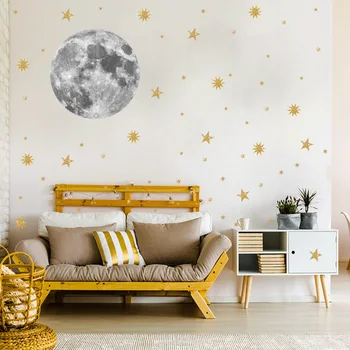 Mesiac a zlaté hviezdy na Stenu-Nálepky pre deti izby, spálne, pozadia dekorácie, tapety Nástenné Art odtlačkový aršík nálepiek