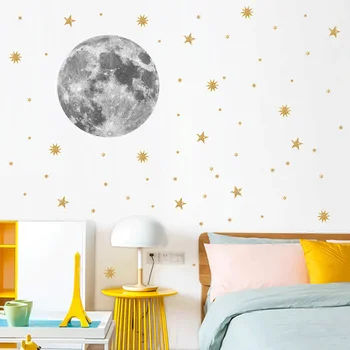Mesiac a zlaté hviezdy na Stenu-Nálepky pre deti izby, spálne, pozadia dekorácie, tapety Nástenné Art odtlačkový aršík nálepiek