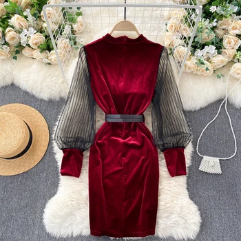 Lady Nové Módne Pohľadu Dlhý Rukáv Package Hip Mini Šaty 2020 Ženy Jeseň a v Zime Vintage Velvet Vestidos Q492
