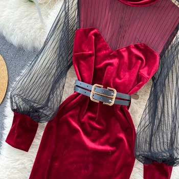 Lady Nové Módne Pohľadu Dlhý Rukáv Package Hip Mini Šaty 2020 Ženy Jeseň a v Zime Vintage Velvet Vestidos Q492