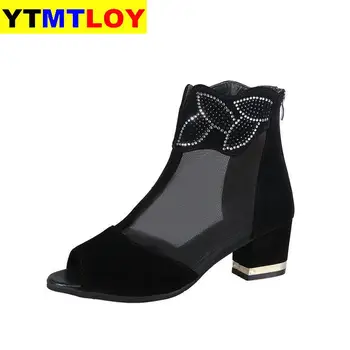 Vysoká Námestie Päty Sandále Lete Roku 2020 Sexy Típat Prst Crystal Kvetované Black Čerpadlá Topánky Žena Elegantné Dámske Čierne Air Mesh
