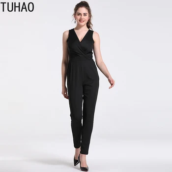 TUHAO office Trakmi Pre Ženy Sexy letné Remienky Bežné tvaru Pevné Dlhé Elastické Pás Ženský Jumpsuit Femme black LZ166